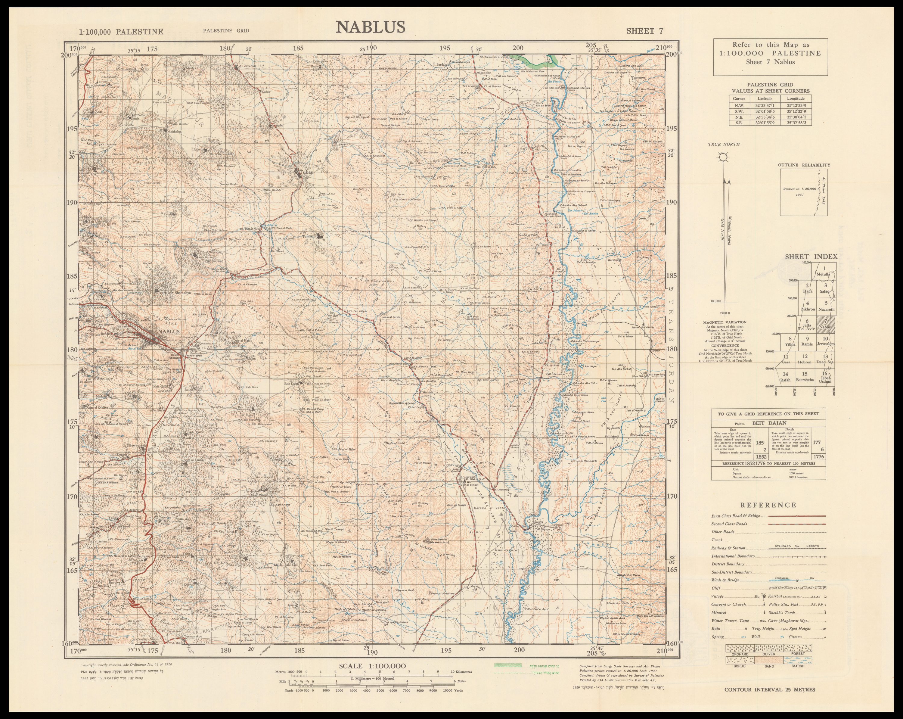 מפת סקר פלשתין 1:100,000 — גיליון שכם, 1956