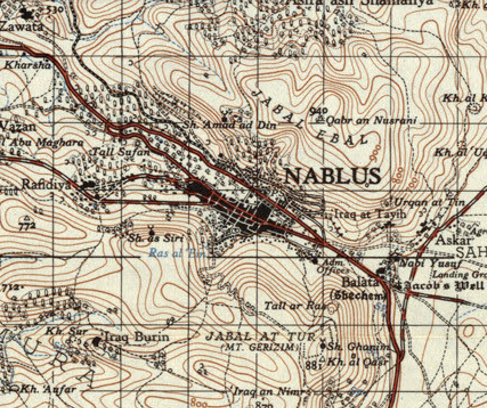 מפה טופוגרפית של אזור נבלוס, כ-1940