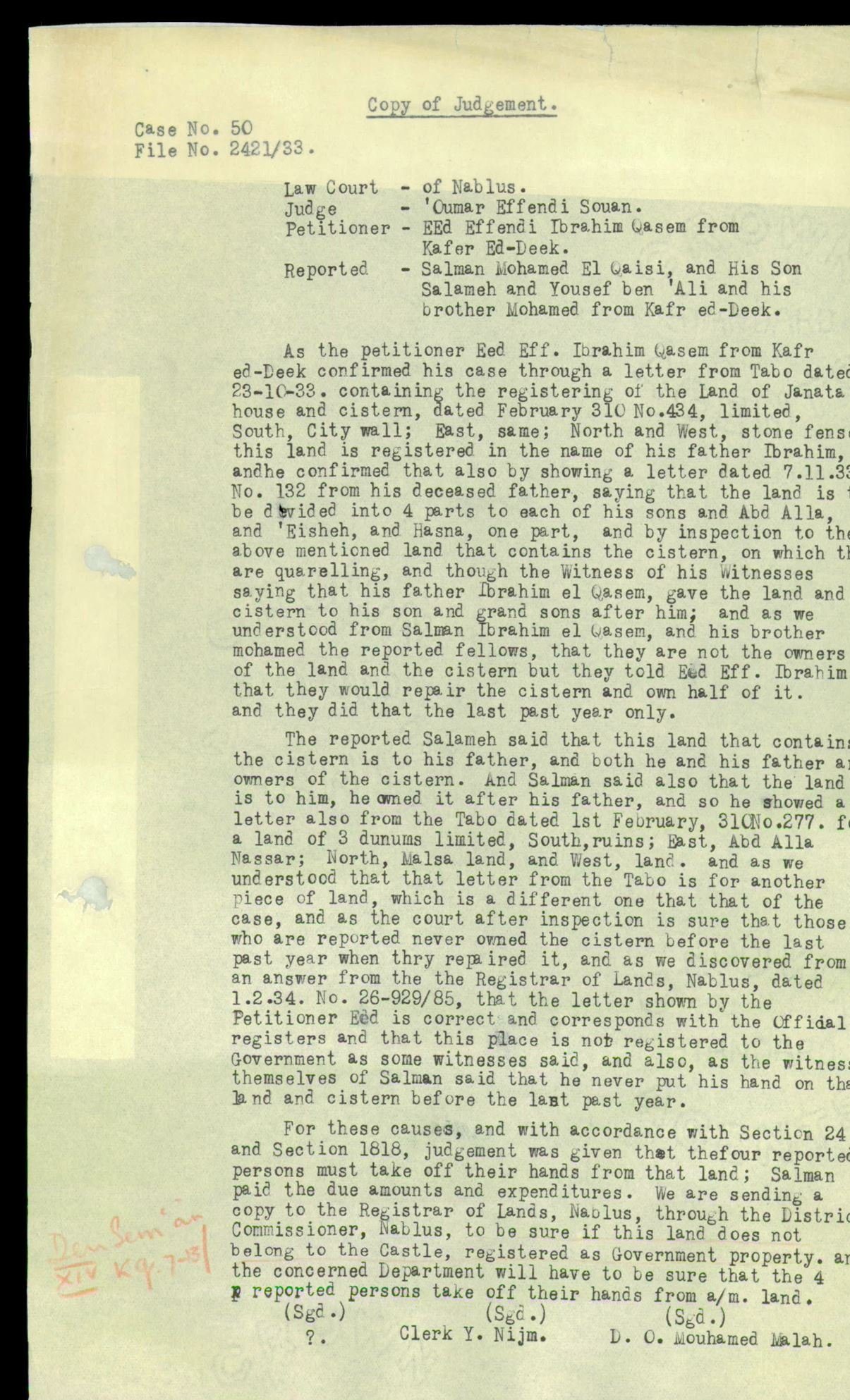 תיק רשות העתיקות 165, עמוד 09 — העתק פסק דין 1933 — אדמה ובור מים