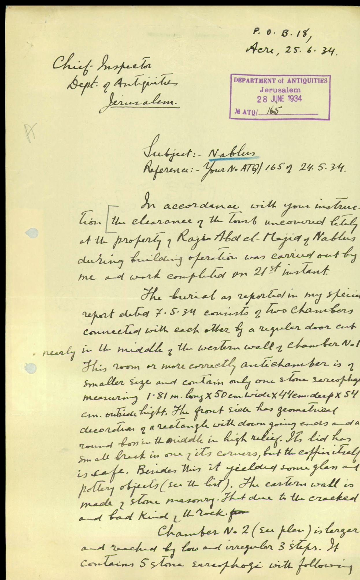 תיק רשות העתיקות 165, עמוד 14 — מכתב עתיקות 1934 — בעל הנכס Raja Abd el-Majid
