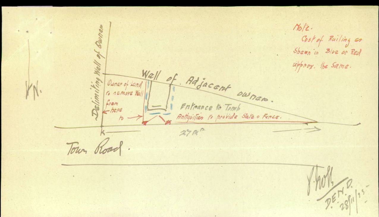 תיק קבר הסלע בנאבלוס, עמוד 09 — שרטוט יד — תוכנית מדידה של הקבר וגבולות החלקה