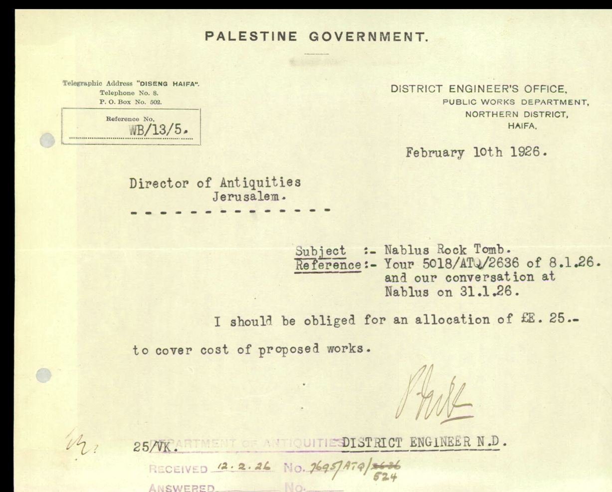תיק קבר הסלע בנאבלוס, עמוד 14 — מכתב מלשכת המהנדס המחוזי, חיפה