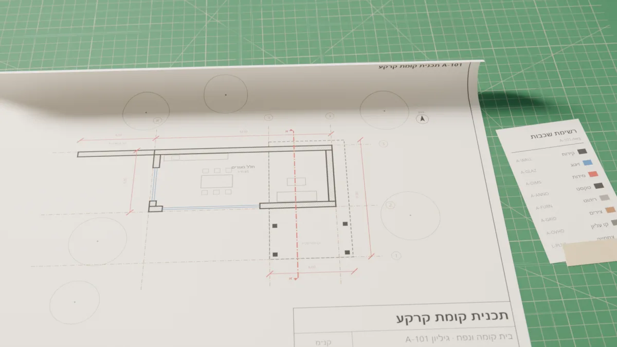 פלוט CAD של תכנית קומה בצבעי שכבות, ולידו רשימת השכבות של הקובץ